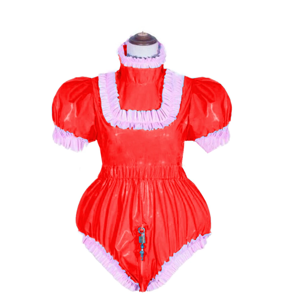 بدلة للجسم سيسي قابلة للقفل بأكمام قصيرة منتفخة من مادة PVC للبالغين زي خادمة فرنسية وسحاب خلفي إلى المنشعب بياقة مدورة متقاطعة 7XL #4