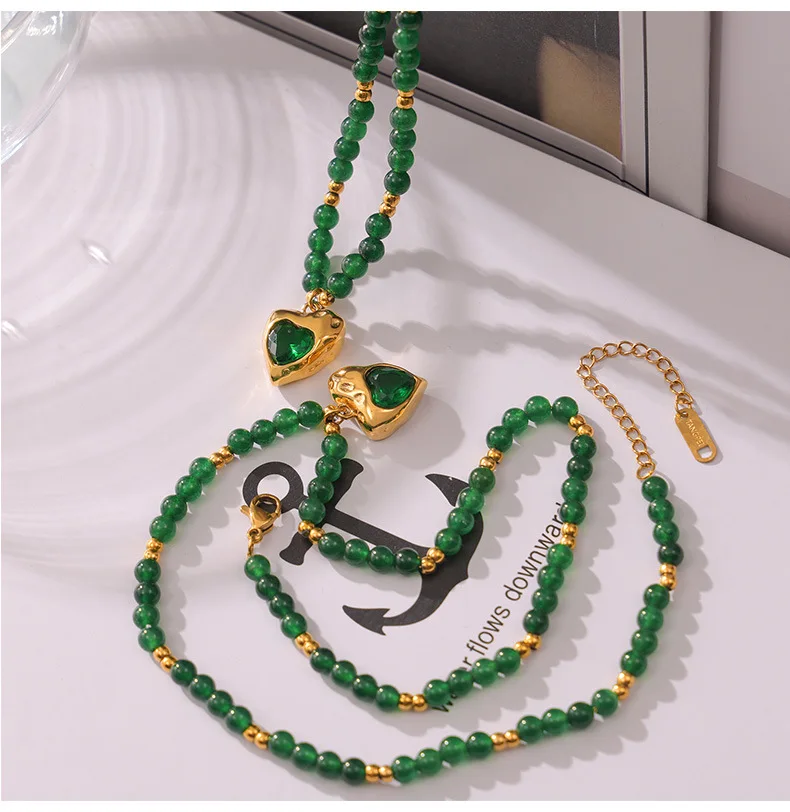 Natürliche Grüne Achat-Perlenkette Halskette für Damen Luxuriöser Zirkon-Herzanhänger Vintage-Halskette Accessoires Edelstahl-Schmuck – Detail 7