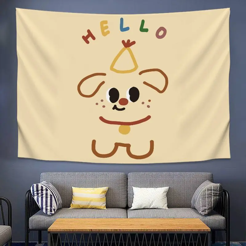 VIKAMA Cute Hello Dog Tapestry, Cartoon Puppy Wall Hanging for Bedroom Dorm Kids Playroom Nursery Decor