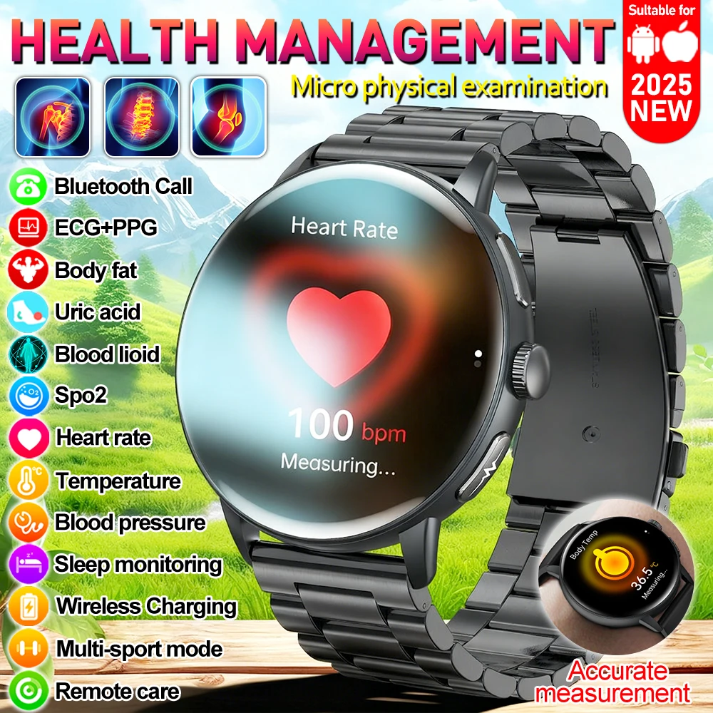 

2026 New physical health Analysis Uric Acid Smart Watch Body Fat ECG+PPG BP Blood Oxygen HD Clock BT Call Smart Watch Men Women