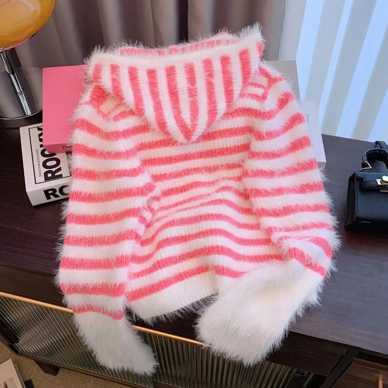 Women's Fashion New Style Recreational Temperament Black Knitted Hooded Sweater Stripe Coat Chic 2023 NEW Winter Pink Top