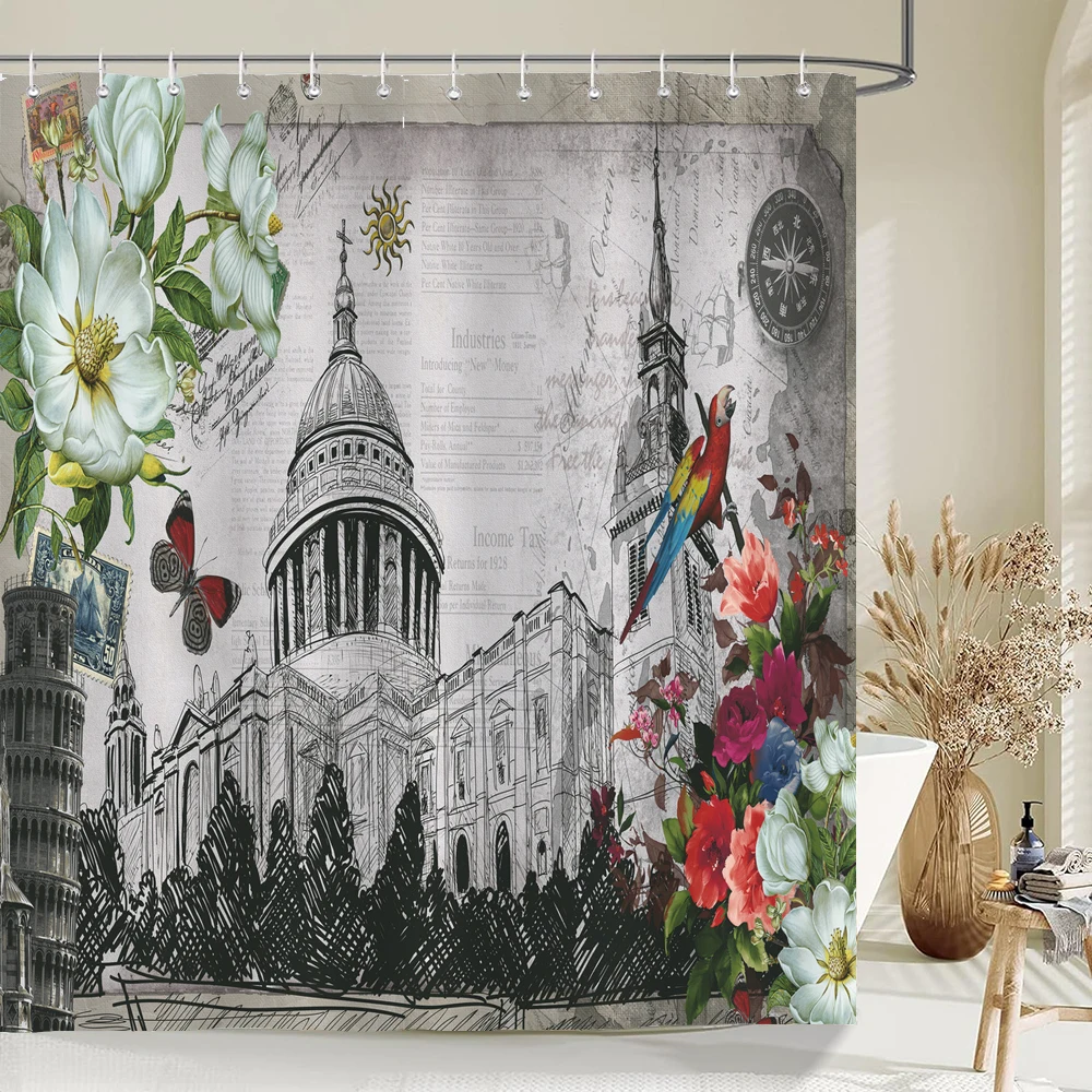 Paris Iron Tower Shower Curtain Decoration Old Flower Birds Scenery Shower Curtains Waterproof Washable Fabric Bathroom Screen