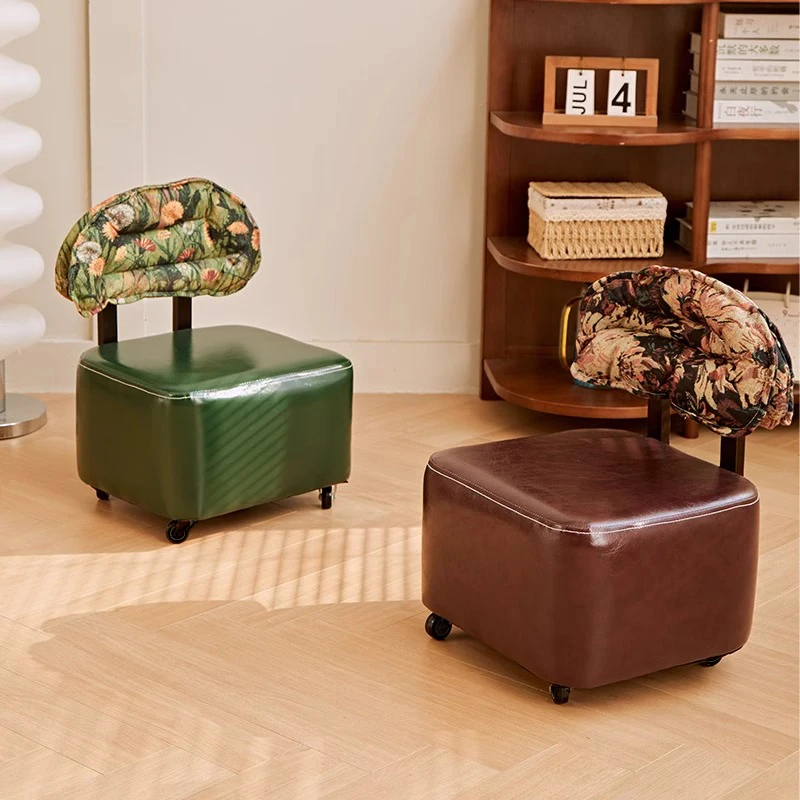 Household stool universal wheel antique rotating backrest , pulley light luxury low shoe changing