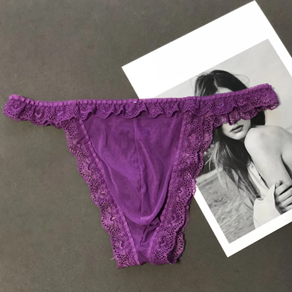 Comfortable Men's Lace Briefs Low Waist Bikini Underwear Sexy Thongs Sheer Mesh Pouch G-strings Underpants