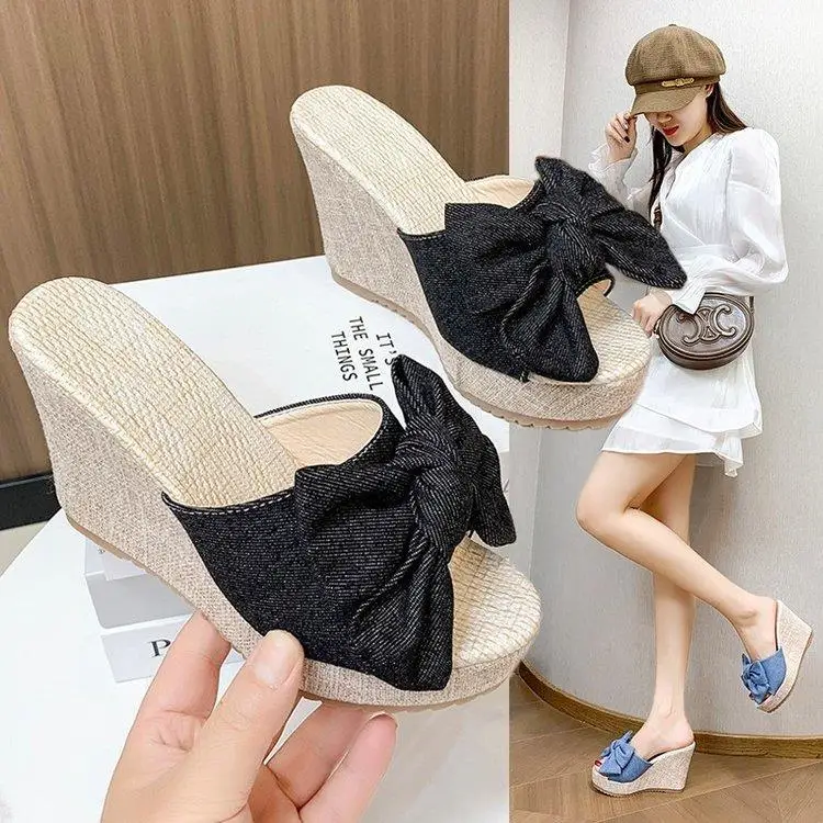 Slippers Women Summer Slides Platform Shoes Fashion Low Heeled Mules Butterfly-Knot Peep Toe On A Wedge Pantofle Luxury High