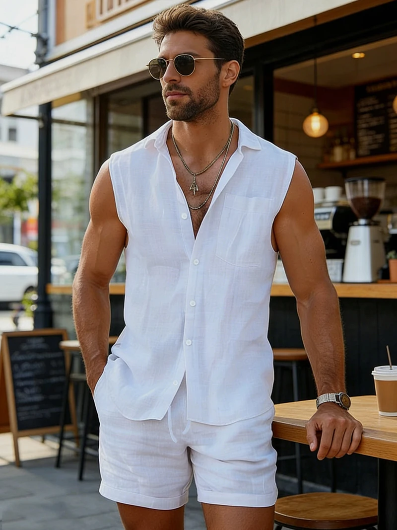 Herren Leinen Zweiteiler Set Ärmelloses Hemd mit Revers Elastische Shorts mit Kordelzug Regular Fit Sommer Strand Reise Alltag Urlaub Lässig – Detail 1