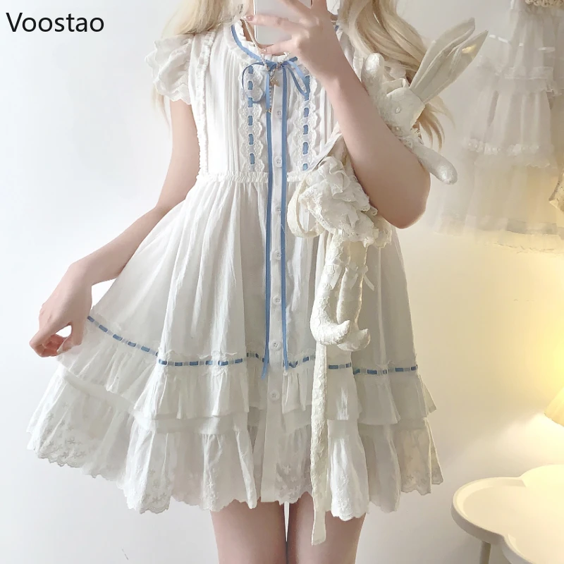 Sweet Lolita Style Mini Dress Women Japanese Kawaii Cotton Lace Ruffle Flying Sleeve White Dress Korean Elegant Princess Dresses