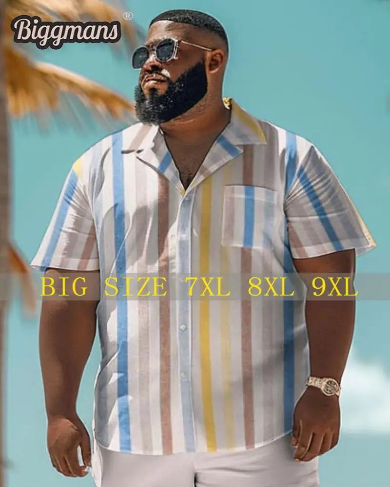 

Biggmans Shirt Plus Size L-9Xl for Summer Beach Men's Oversize Beach Hawaiian Colorful Block Print Shirt Shorts Top 7XL 8XL