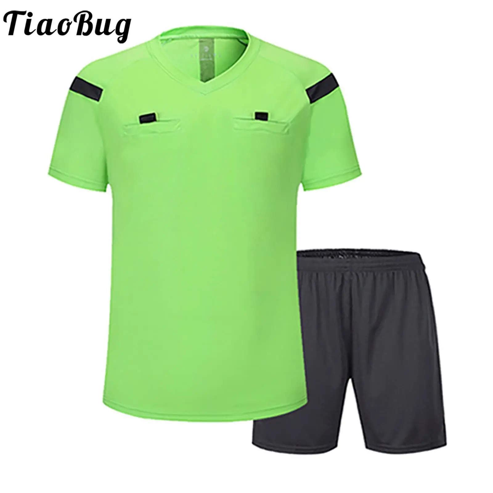 2PCS Mens Soccer Referee Uniform Football Tracksuit Outfits V Neck Short Sleeve T-shirt with Drawstring Shorts for Competition