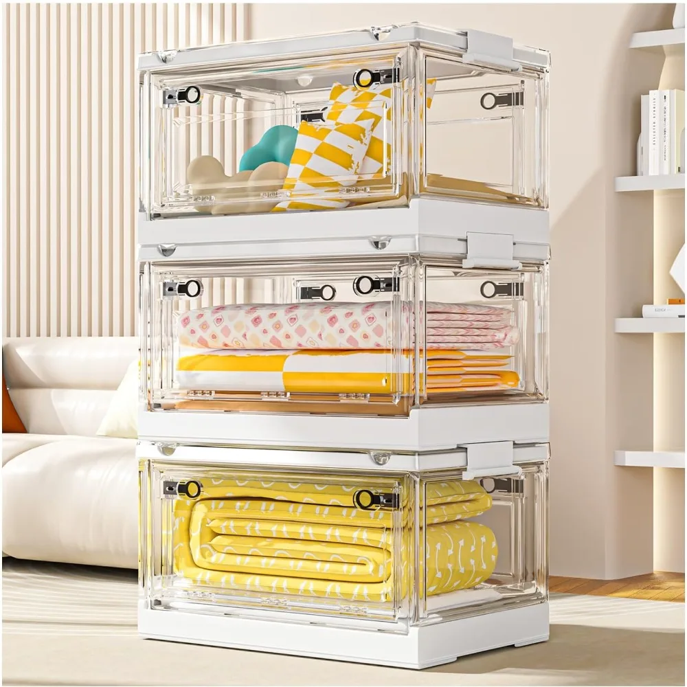 

144QT Clear View Stackable Storage Bins with Lids,Collapsible with Doors and Wheels, Large Closet Organizers and Storage(48QT*3)