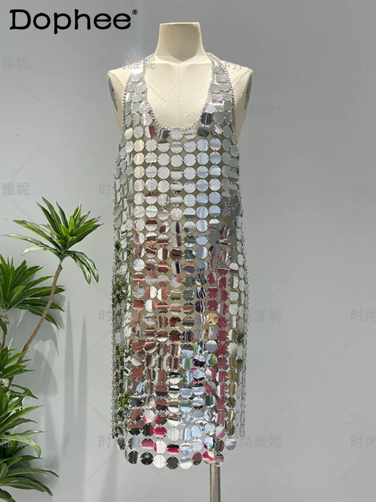 Fashion Neck Dress Chain Halter Stage Clothes Heavy Industry Pure Handmade Sequins Summer Dress Women Clothing 2025 New