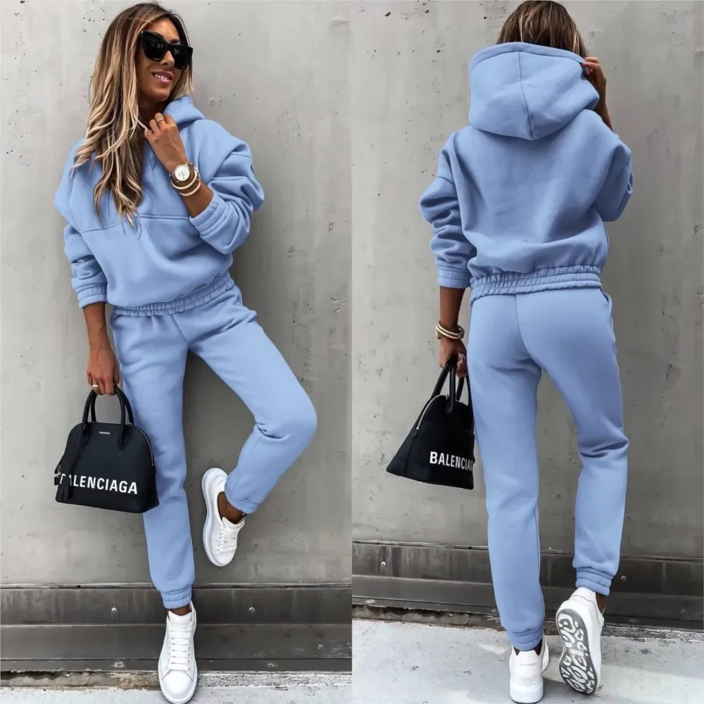 Autumn Winter New Solid Color Long Sleeve Hoodie Women's Casual Suit Fashion Loose Sports Hoodie + Small Foot Pants 2 Piece Set