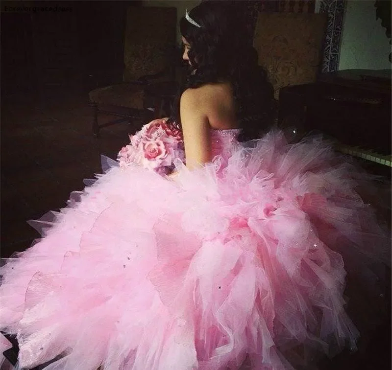 Vestido de quinceañera con cristales brillantes para fiesta, vestido de baile Formal de Cenicienta, color rosa, 15