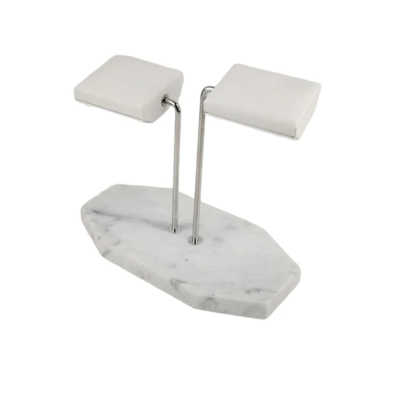 Marble Base Gold Support Rod Watch Stand Display Stand White PU Leather Double Watch Jewelry Storage Rack-A