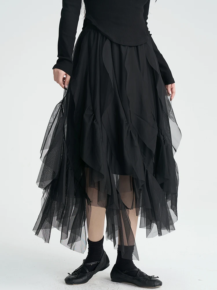 Land And Mountain Island Design Sense Small Audience Irregular Mesh Slimming Half-length Black Pleated A-line Long Skirt
