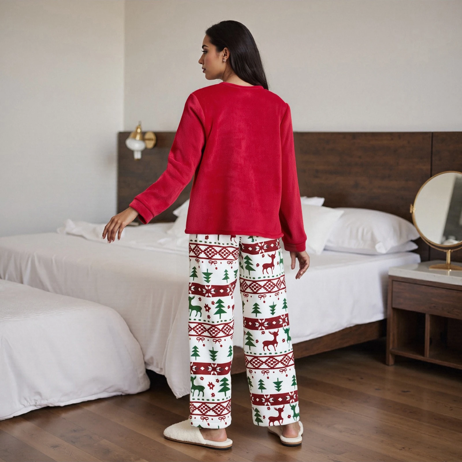 

2025 Women's Autumn Christmas 2 Piece Loungewear Pajama Sets Long Sleeve O Neck Elk Embroidery Tops Plush Pants Sleepwear