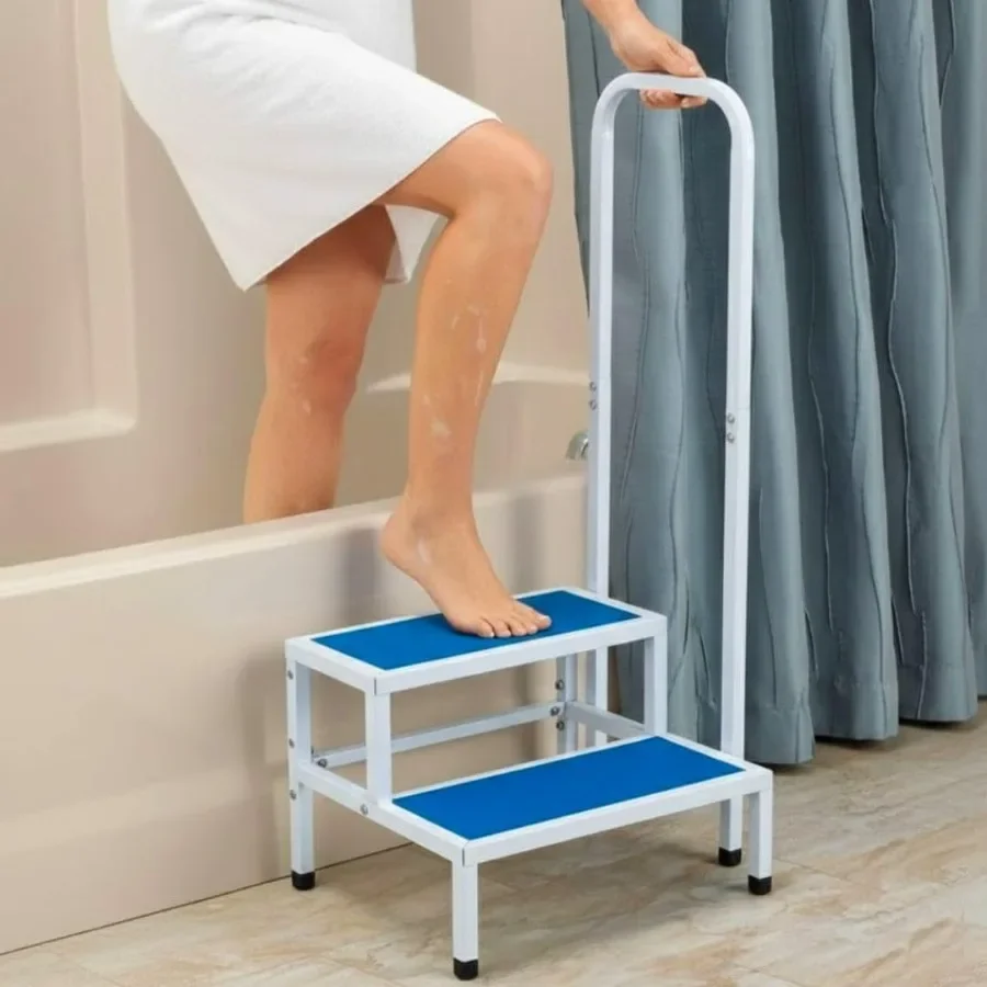 2-Step Stool with Safety Handrail, Heavy-Duty Metal Construction, Non-Slip Feet & 330 lb Capacity for Bathroom Kitchen Seniors