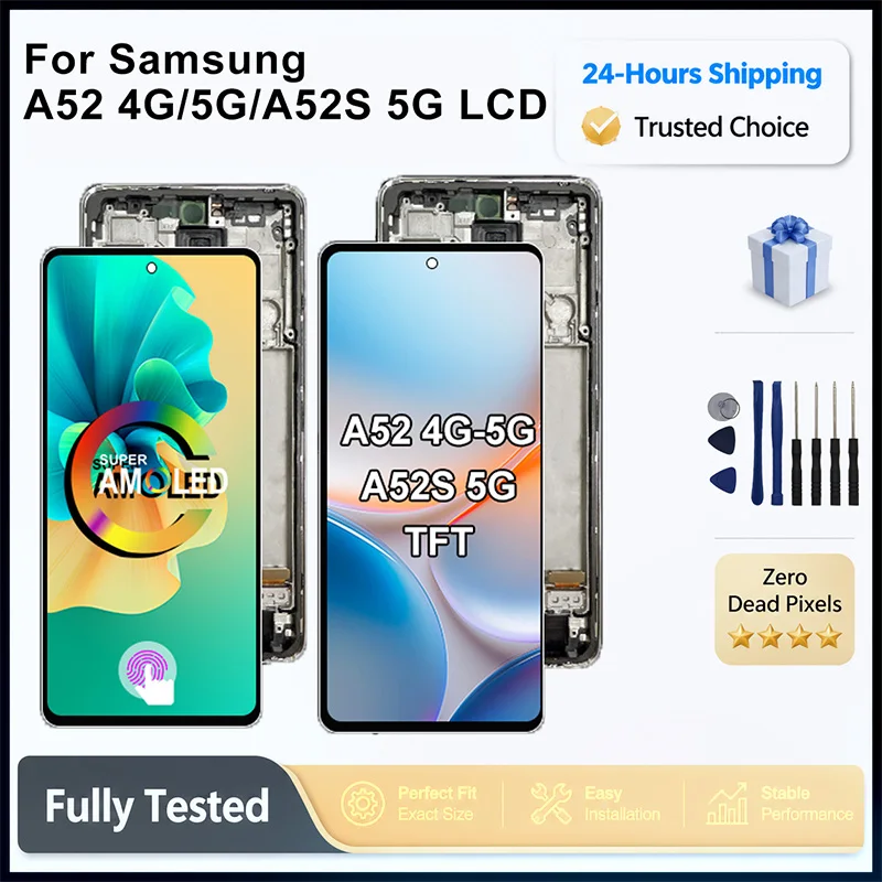 삼성 갤럭시 A52 4G 5G용 6.5인치 OLED 디스플레이, 삼성 A52S용 프레임 포함 디지털 터치 스크린 어셈블리 교체