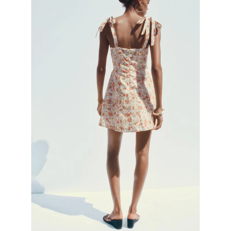 Vestido de Verano Estilo Campestre para Mujer con Estampado de Lazo de Mariposa, Cuello Recto, Tirantes, Largo Corto, Casual,...