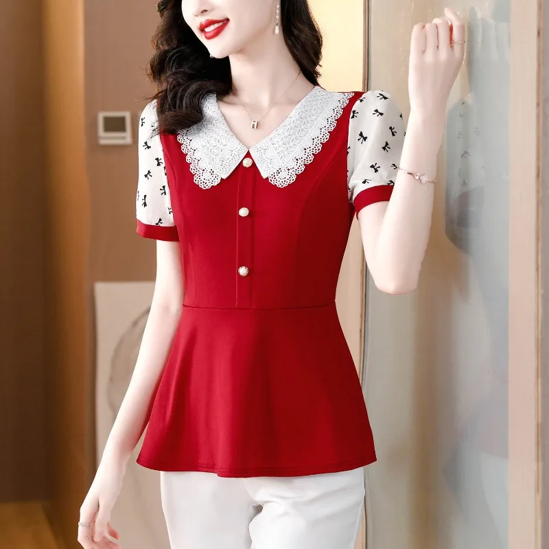 Summer Women\'s Turn-down Collar Hollow Out Pullover Lace Patchwork Button Bow Printed Short Sleeve T-shirt Casual Elegant Tops