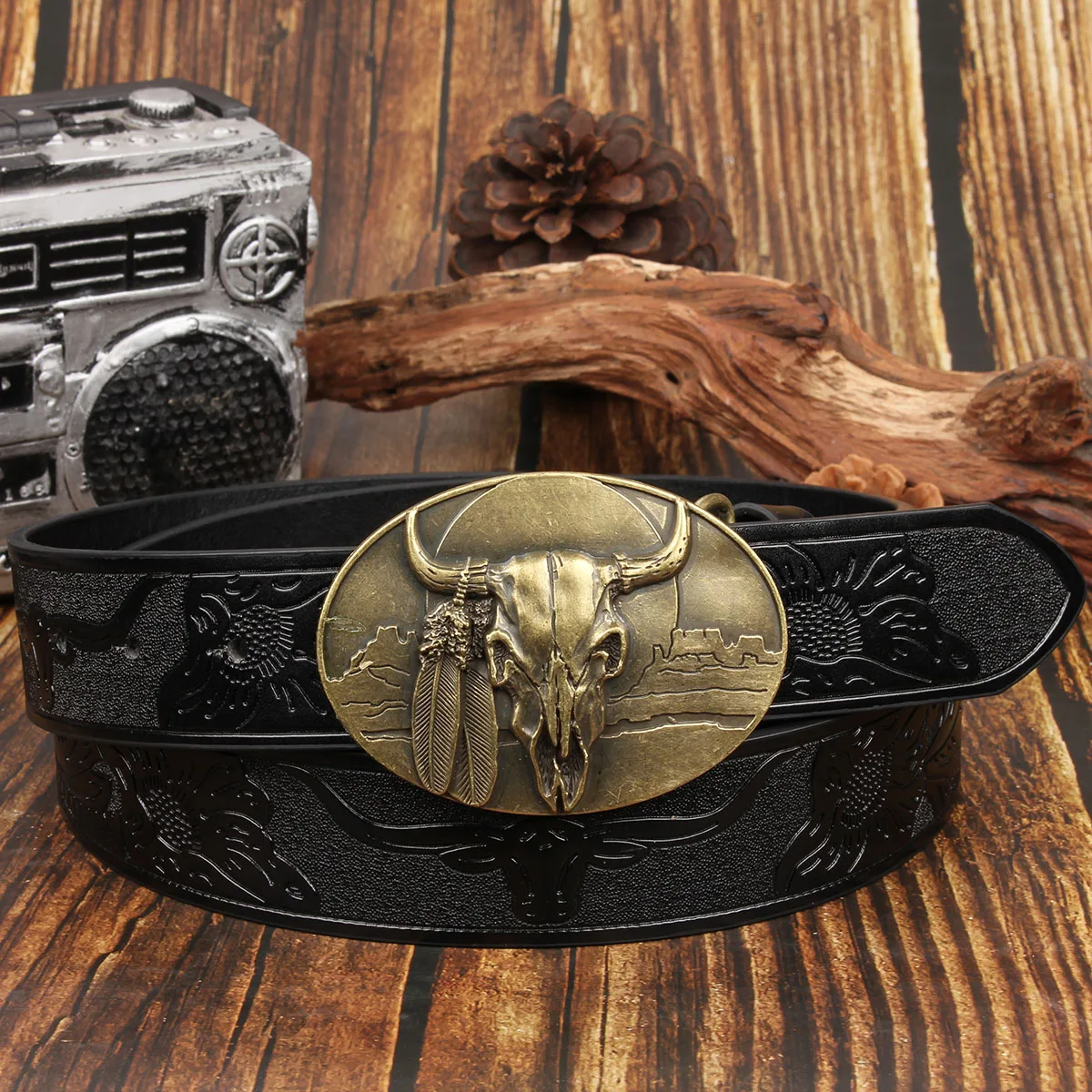 Новый джинсовый ремень в стиле вестерн с коровьей головой, мужской ремень с пряжкой в стиле ретро, трендовый ремень, персонализированный ремень в этническом стиле для мужчин на Хэллоуин