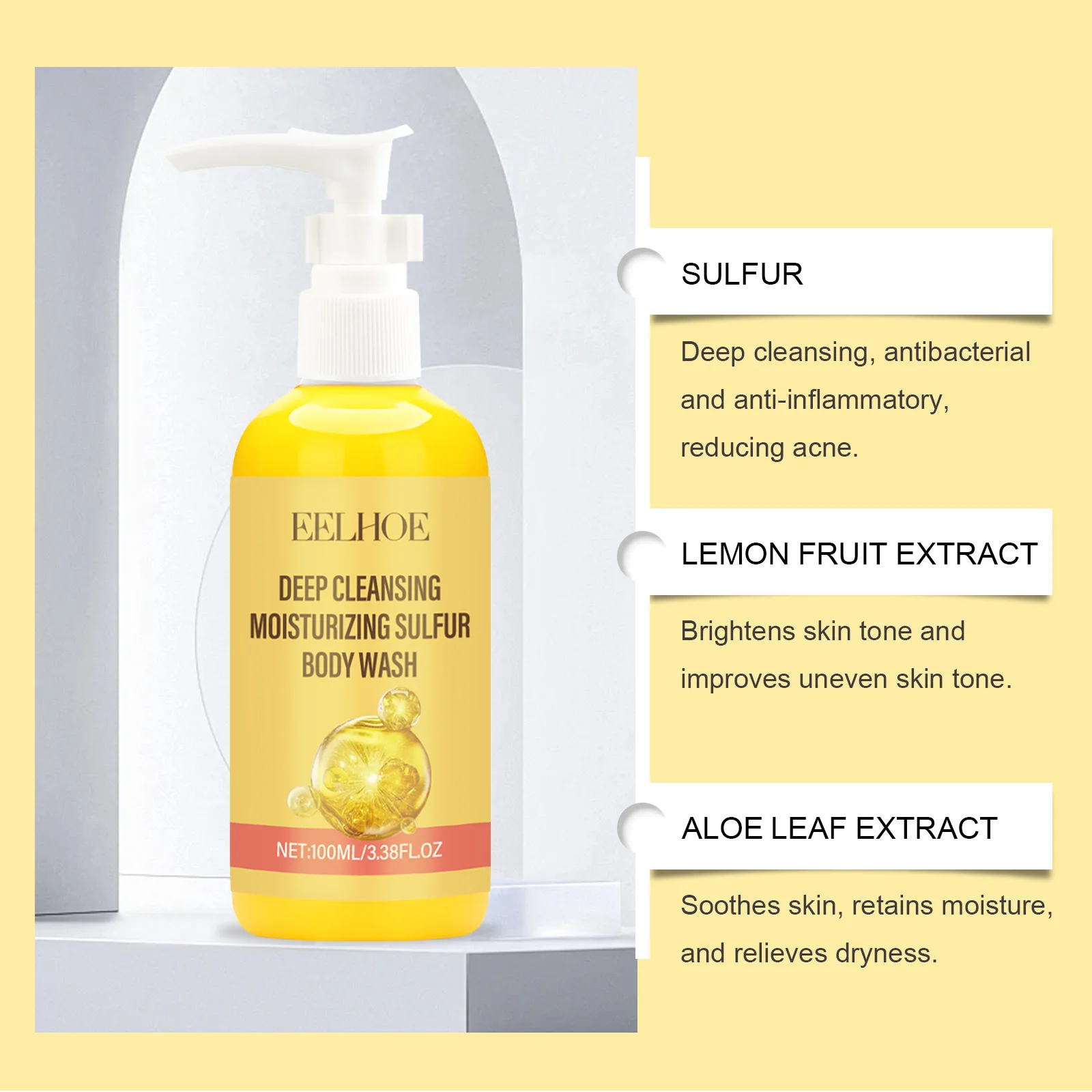 Sulfur Body Wash Deep Cleansing Shower Gel With Aloe Vera Lemon Extract Refreshing Moisturizing Dry Skin Gentle Body Cleanser For Women Men Daily Use 100ml