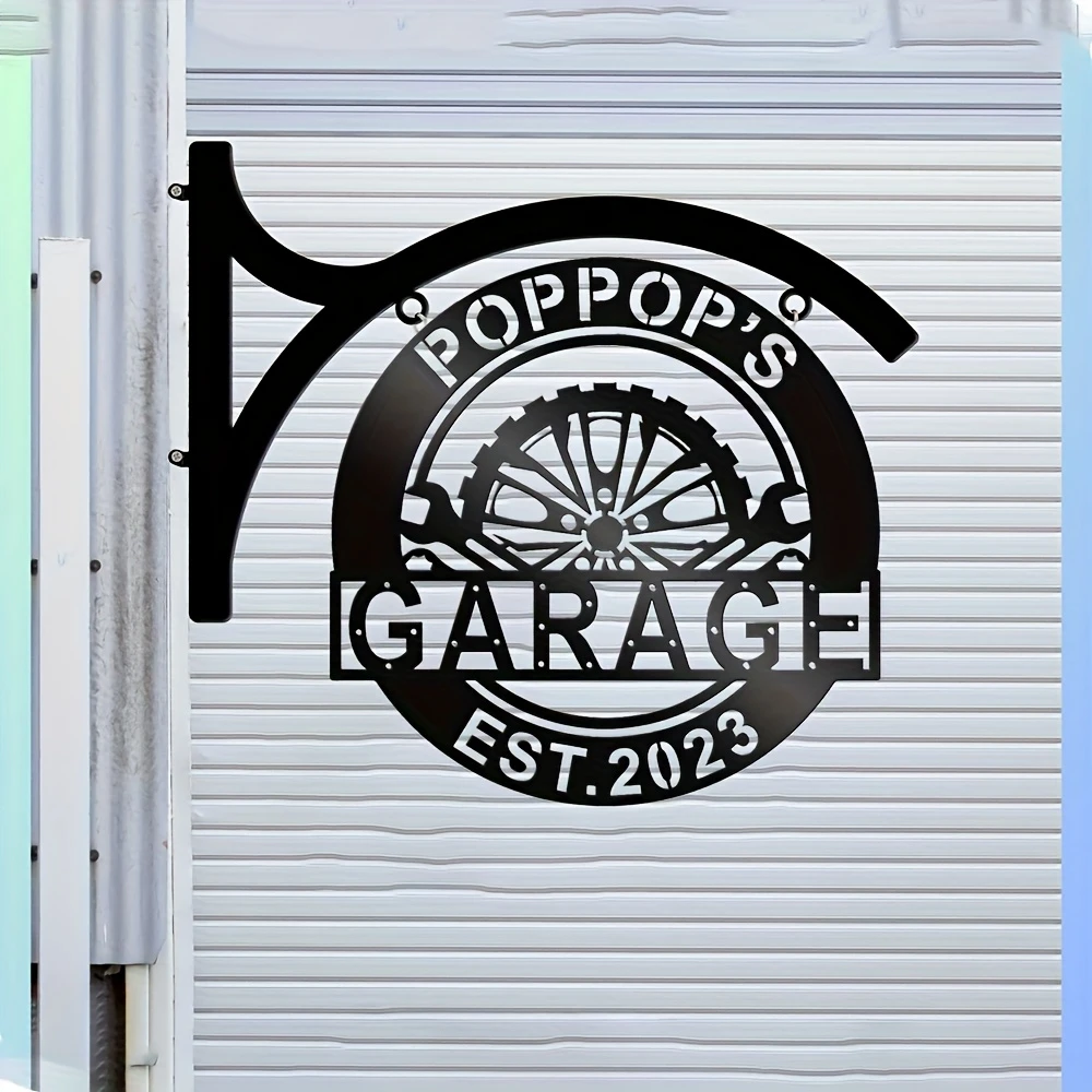 Custom Metal Plaque Black round Design Garage Gift for Fathers And Mechanics with Wheel And Wrench Silhouette Personalized Decor