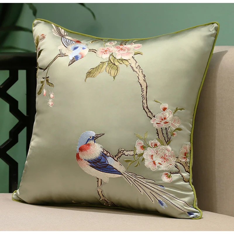 DAVINRICH Cherry Blossom Birds Embroidery Cushion Cover Retro Chinoiserie Collection Satin Throw Pillow Case 45x45cm Spring Deco