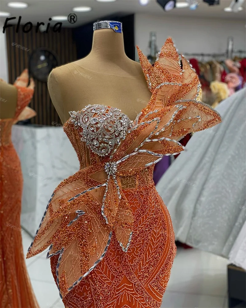 Stunning Sequin Beads Mermaid Evening Dress Dubai 3D Leaves Orange Slit Prom Party Dress Robe de soiree Elegantes Formal
