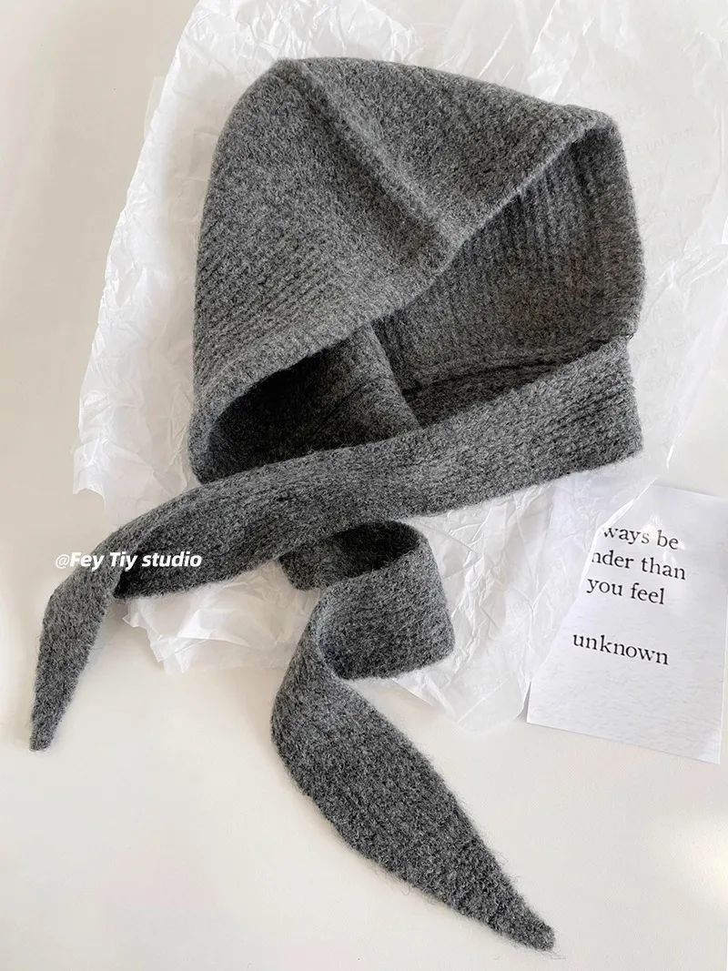 Koreanische Kapuzenschal-Balaclava-Mütze mit Ohrenschutz, warme Mütze für Damen, Retro-Mütze mit Schleife, Winter-Accessoires, gestrickte Mütze. – Detail 9
