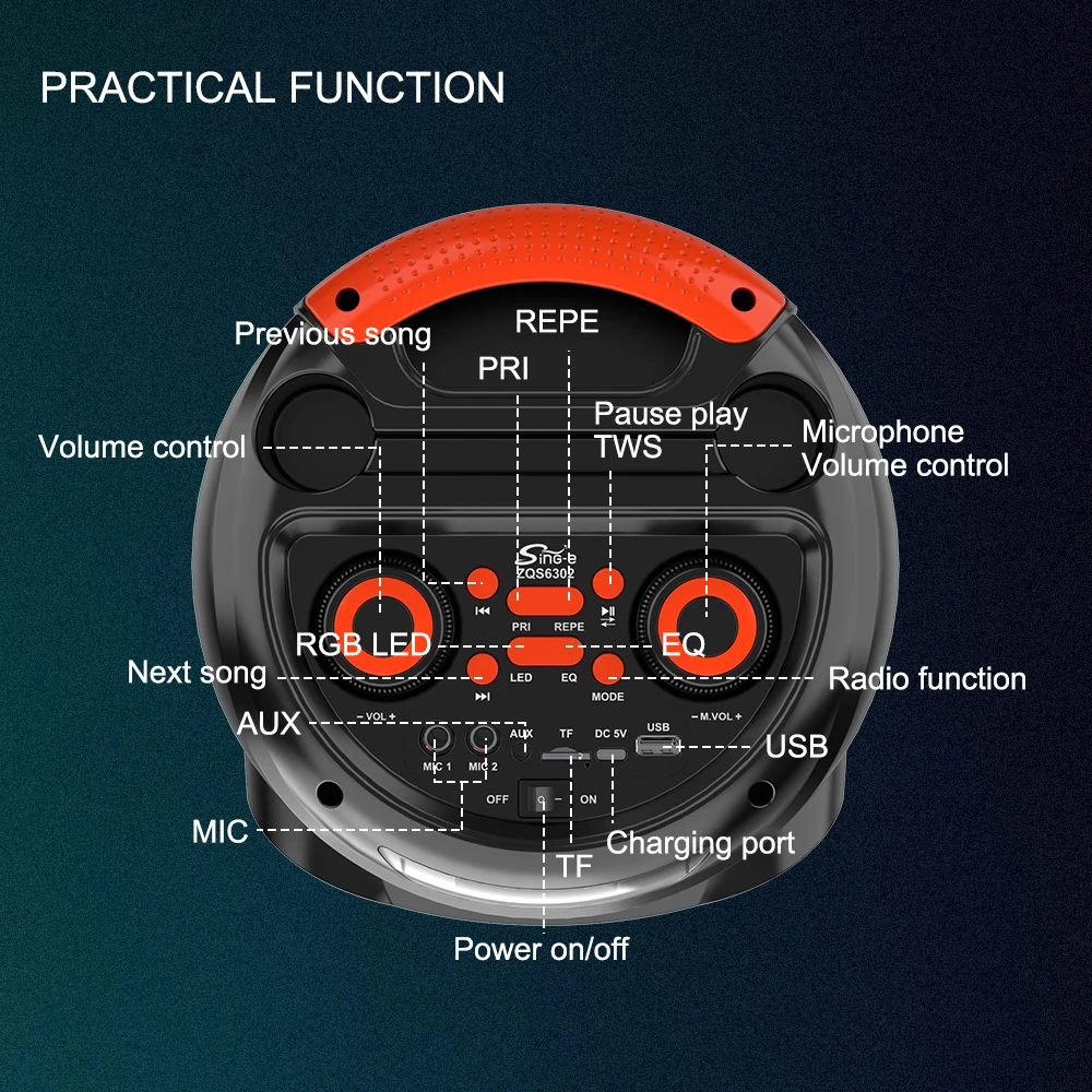 SING-E ZQS6302カラオケスピーカー、パワフルなオーディオ機器/ボックス、ポータブルミュージックボックス、マイクジャック付き、カラーフラッシュスピーカー
