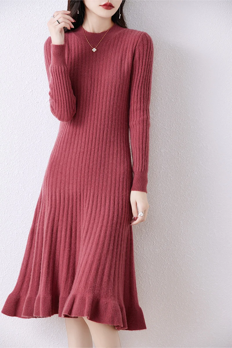 

Women's Merino Wool Long Sweater Dress, Knee-Length, Round Neck, Pleated, Monochromatic, Commuting, Autumn, New, 100%