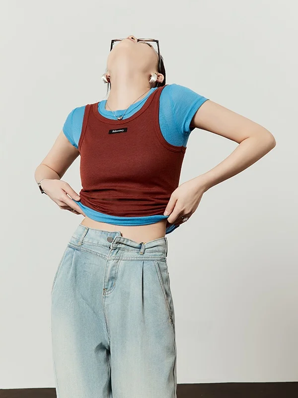 

Red Tea Color ort Sve T-irt Women's Faionable Contrast Color Design Versatile ort Length Knitted Top for Summer