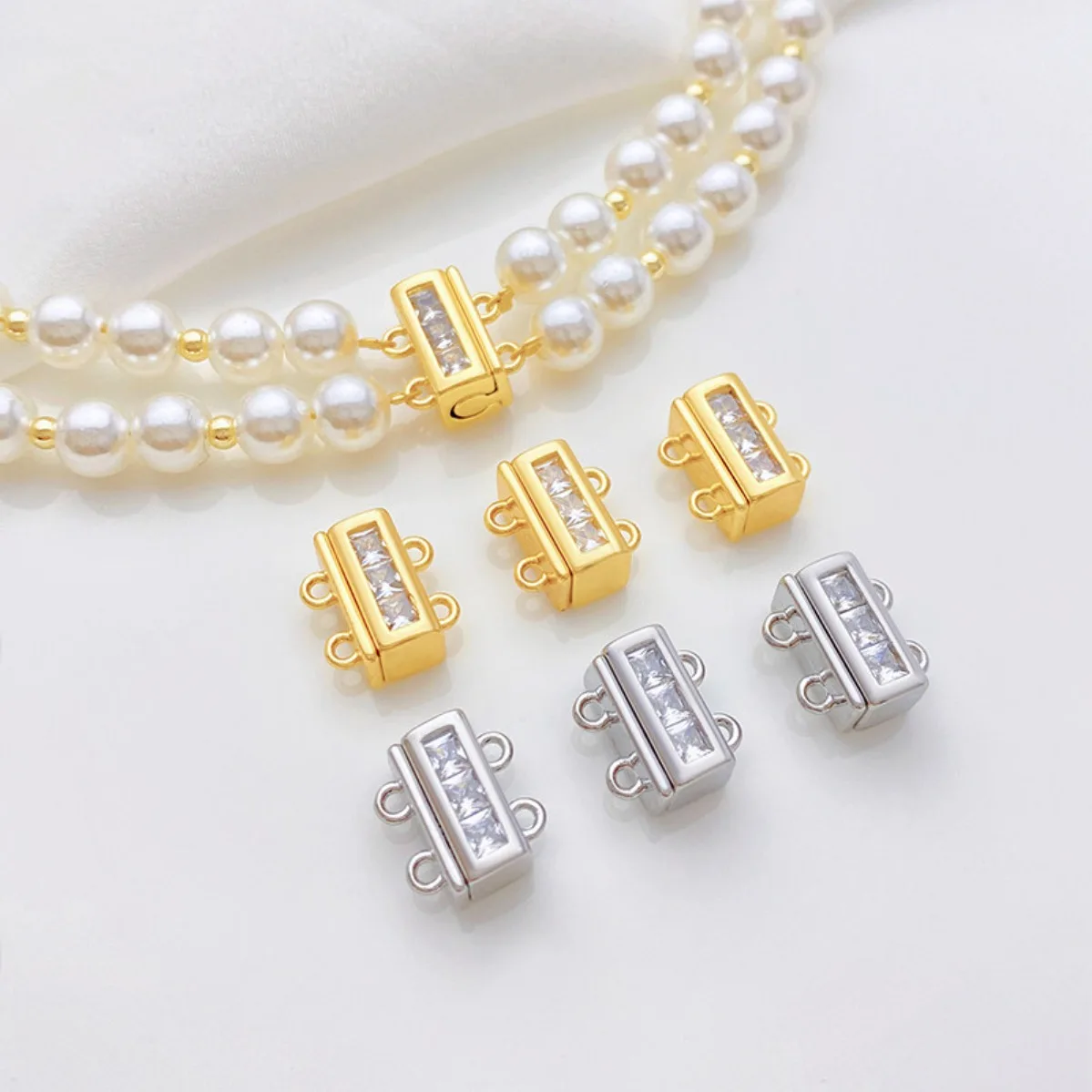 14K Gold Plated Inlaid Zircon Double‑Row Insert Buckle DIY Findings for Pearl Bracelet Connector End Buckle Jewelry Making
