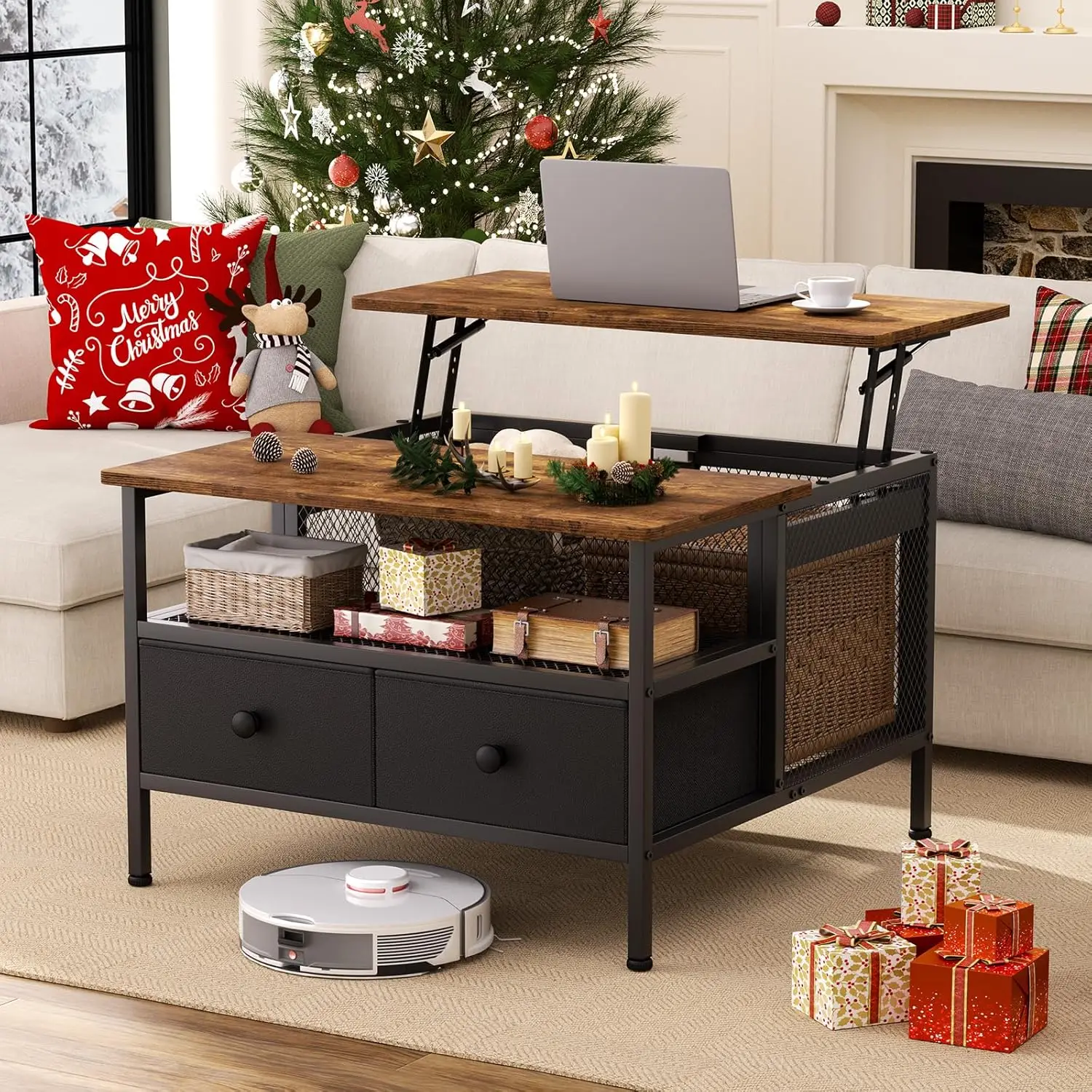 

Square Farmhouse Lift Top Coffee Table with Wire Mesh Barn Door Storage Steel Frame Small Living Room, Customized