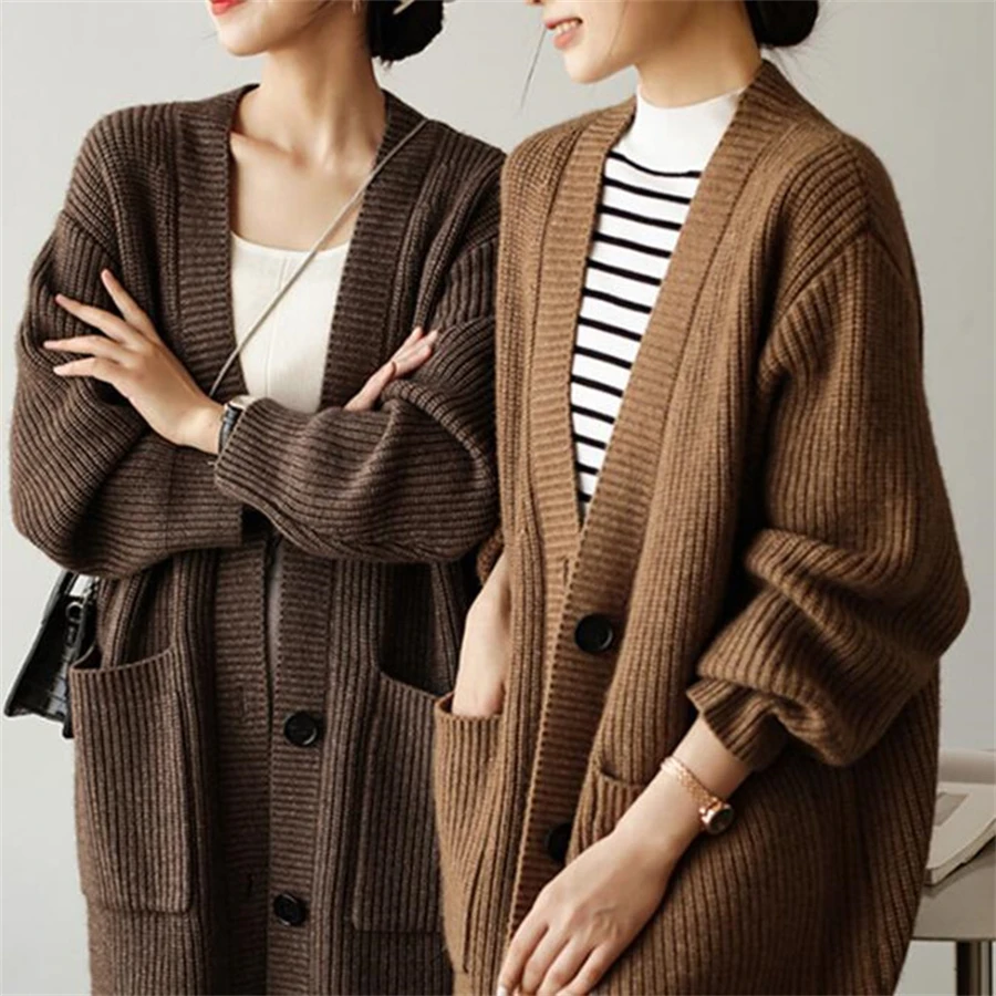 Vintage Elegant V-neck Single Breasted Long Knitted Cardigan Autumn Winter Thick Warm Long Sleeve Pockets Coat Women Casual Tops