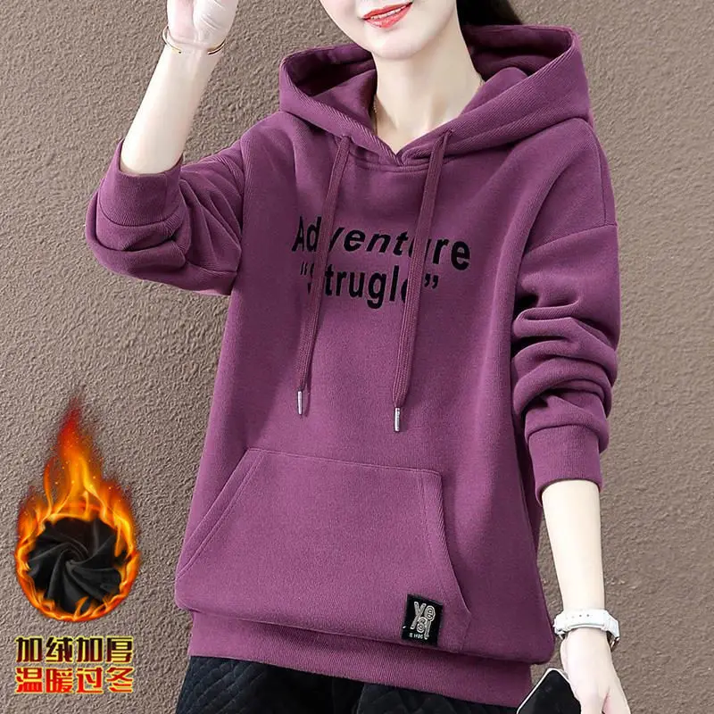 Cotton Commute Hoodies Letter Printed Women Sweatshirt Extra Thick Fleece Keep Warm Winter Long Sleeve Female Pullovers Female