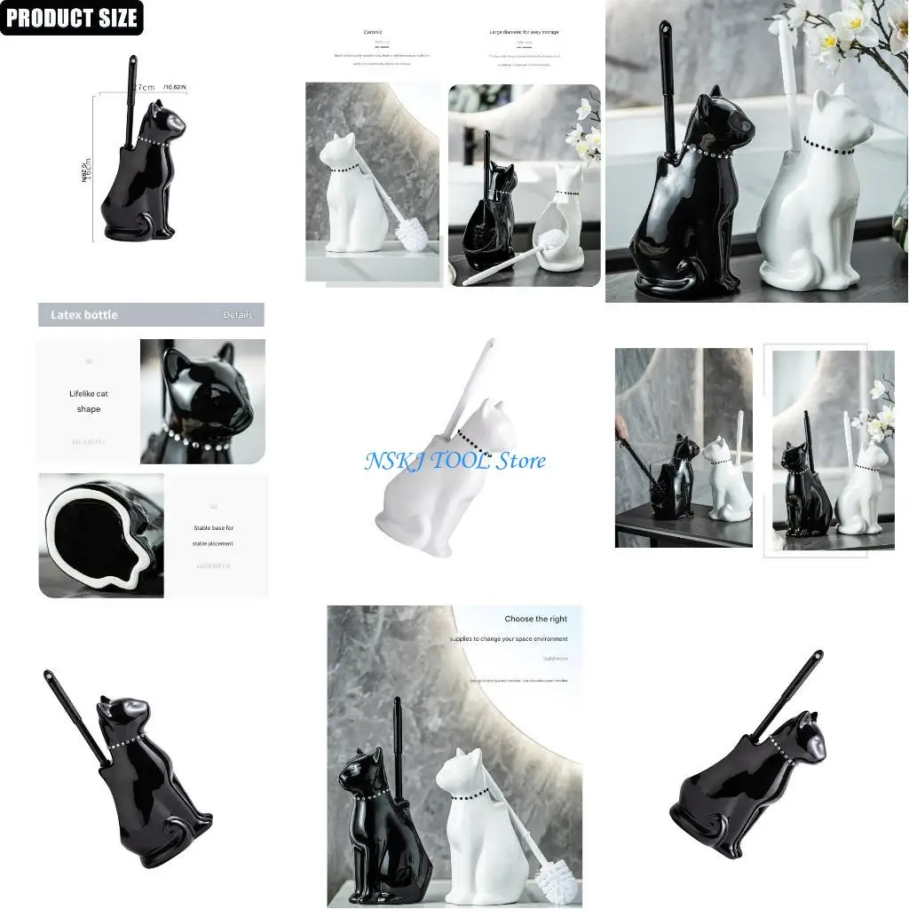 

L8RC Soft Bristles Toilet Cleaning Brush Toilet Bowl Brush with Ceramic Cats Holder Toilet Cleaning Tool Bathroom Accessories