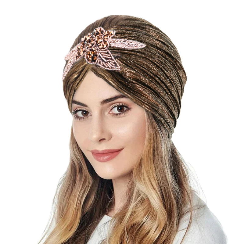 New Women Muslim Beads Flower Turban Caps Beanie Skullies Chemo Cap Bonnet India Cap  Hair Loss Headwrap Muslim Under Hijab Cap