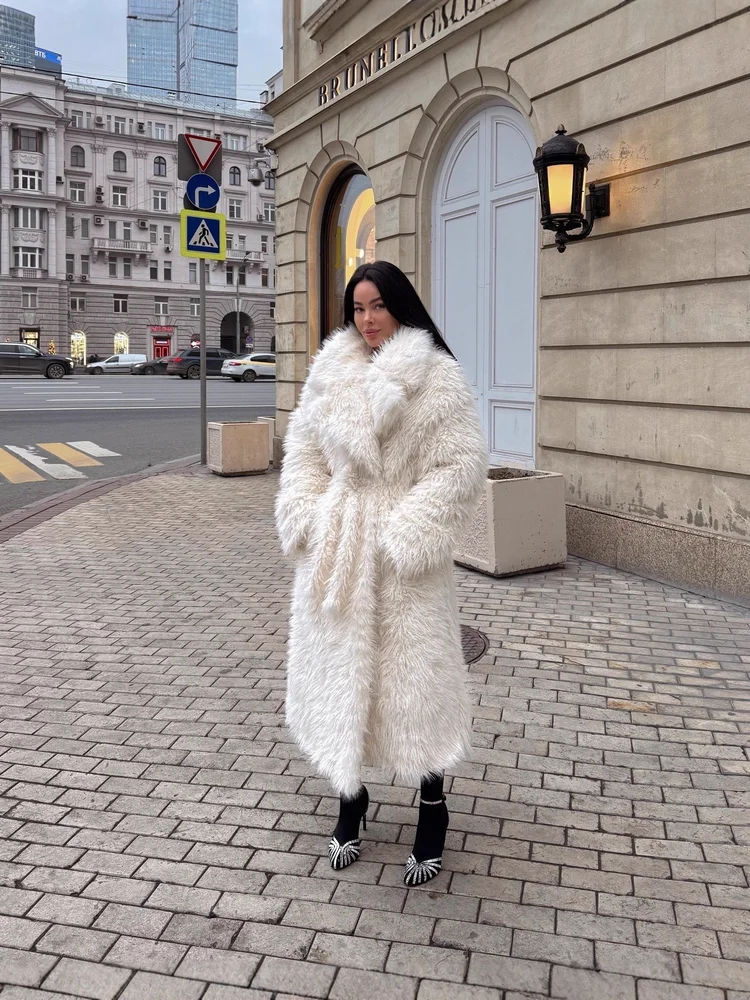European American Loose Classic White Noble Elegant Faux Fur Exquisite Fashionable Lapel Heavy Winter Warm Women Soft Outerwear