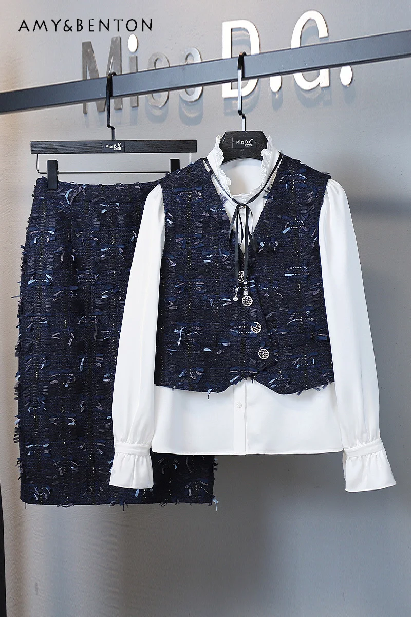 

Spring New Fashion Tweed V-neck Vest Ruffled Stand Collar Shirt High Waist Slim A-line Skirt High End Three-Piece Sets Womens