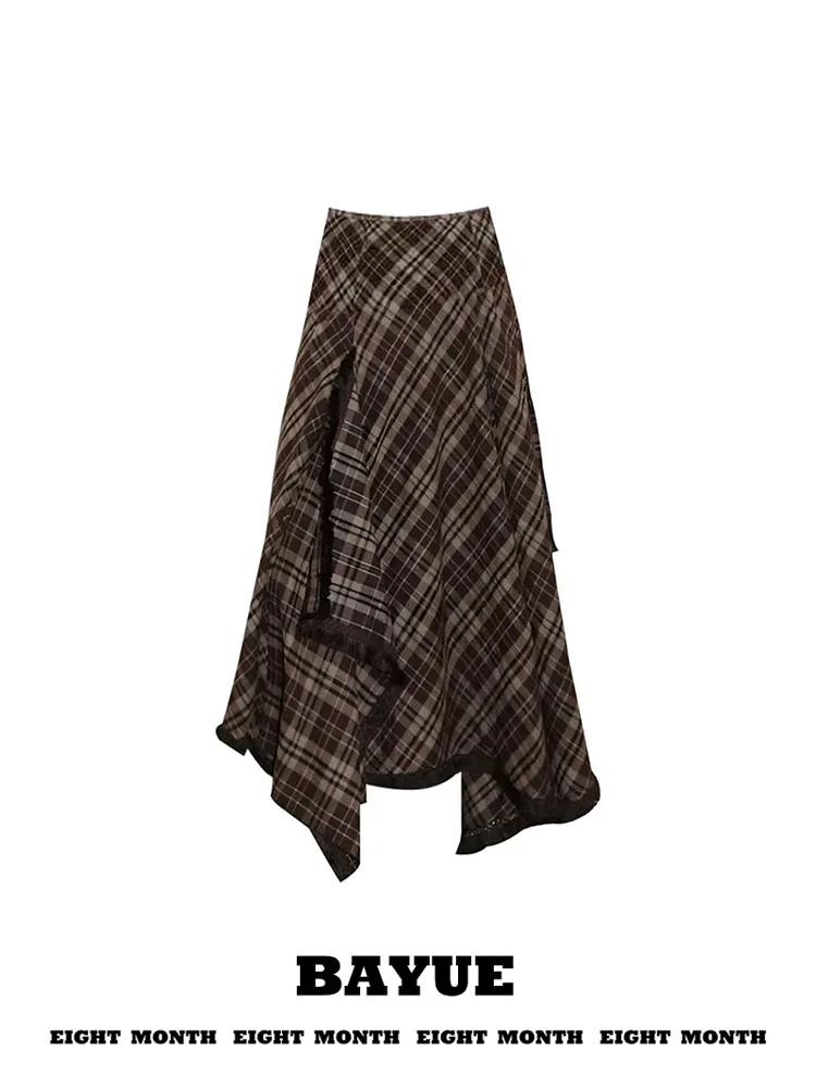 Long A-Line Midi Skirt Plaid Flocking Anti-Wrinkle Wear-Resistant Easy Care Asymmetrical Hem Tassel Vintage Style Women's Skirt