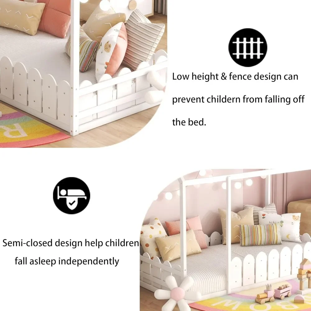 Letto a pavimento per bambini, letto a pavimento Montessori in legno con binari a forma di recinzione, letto a casa per ragazze, ragazzi