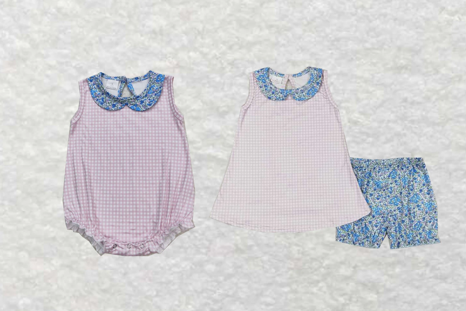 wholesale hot sale western boutique clothing baby girls clothes Floral floral pink-white checkered sleeveless shorts outfit