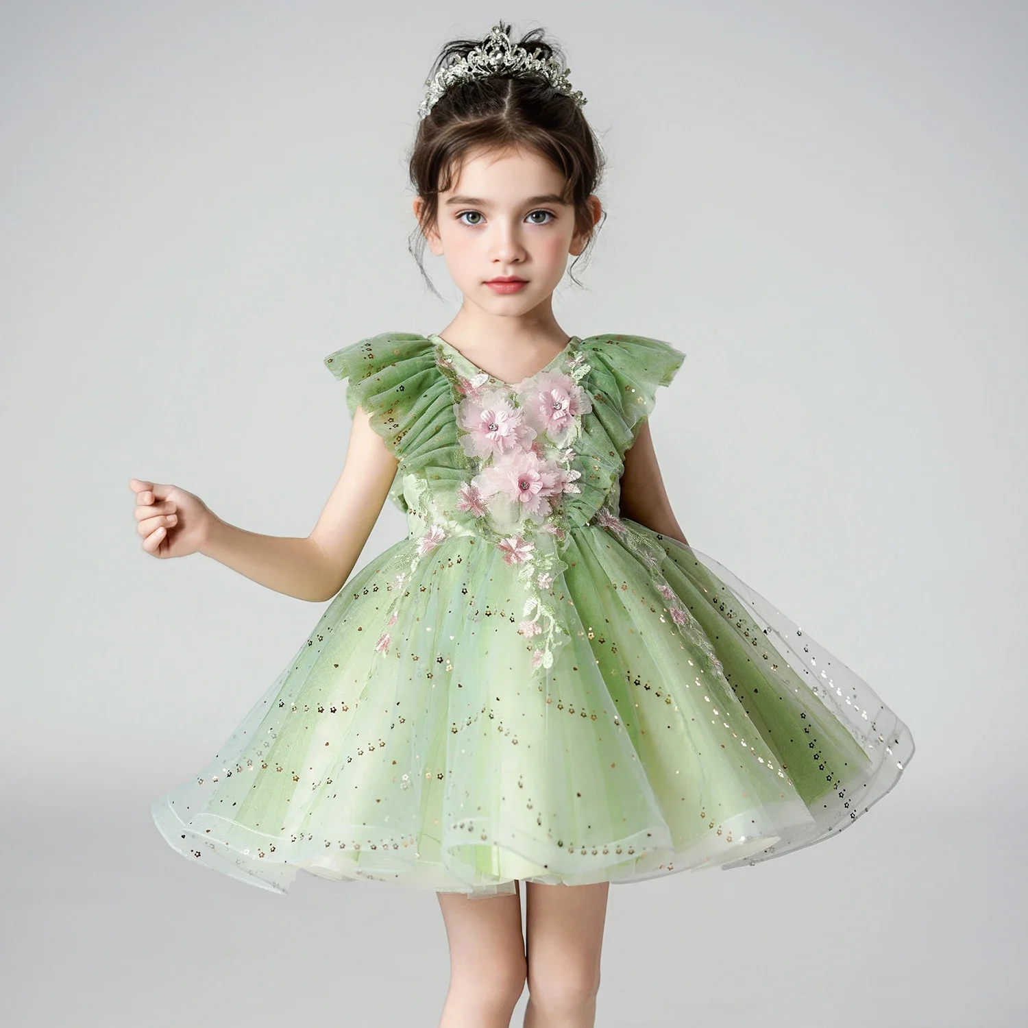 

Girls' Green Tulle Party Dress Princess Style with Ruffled Shoulders 3D Flower Appliques Sparkling Sequins for Birthday
