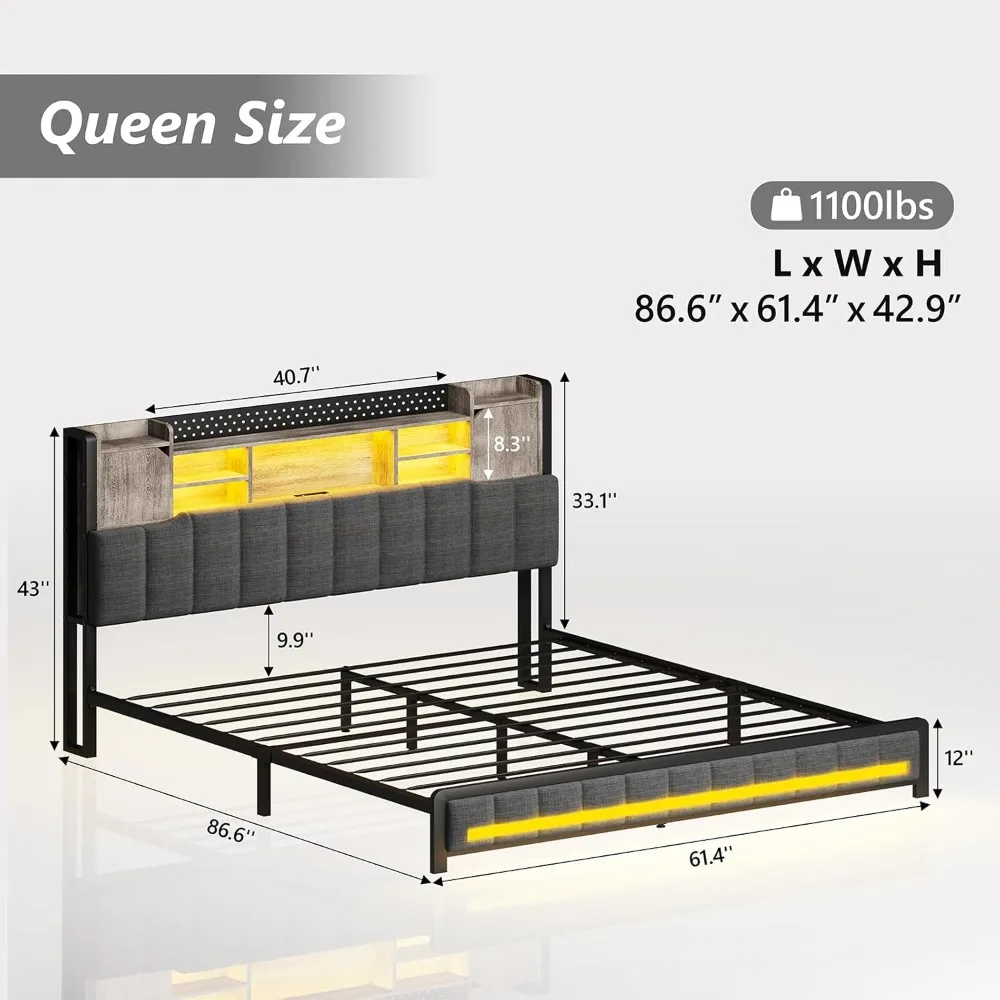 Rangka Tempat Tidur Queen dengan Rak Buku Penyimpanan di Kepala Tempat Tidur & Lampu LED, Rangka Tempat Tidur Berlapis Ukuran Queen dengan Stasiun Pengisian Daya USB, Berat