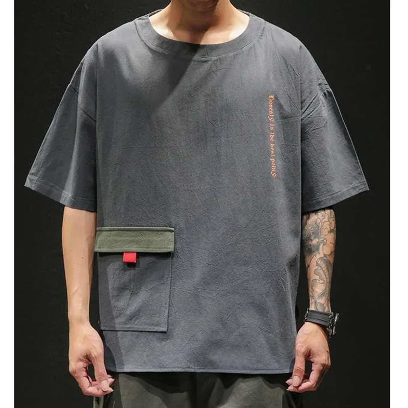 

LIBIELIY Fashion O-Neck Spliced Pockets Casual Printed Letter T-Shirts Men Clothing 2024 Summer New Loose Korean Tops All-match
