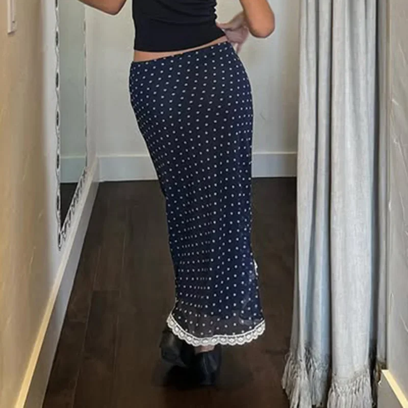 Mesh Polka Dots Long Skirt Women's Contrast Patchwork High Waist Skirt Summer Female Fashion Elegant Loose Skirt 2025