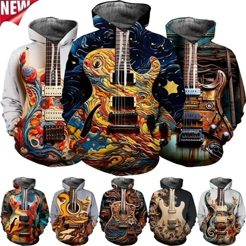 Fun Musical Instrument 3D Print Guitar Hoodies Music Art Funny Personality Street Hip-Hop Hoodie Casual Cool Pullover Sweatshirt