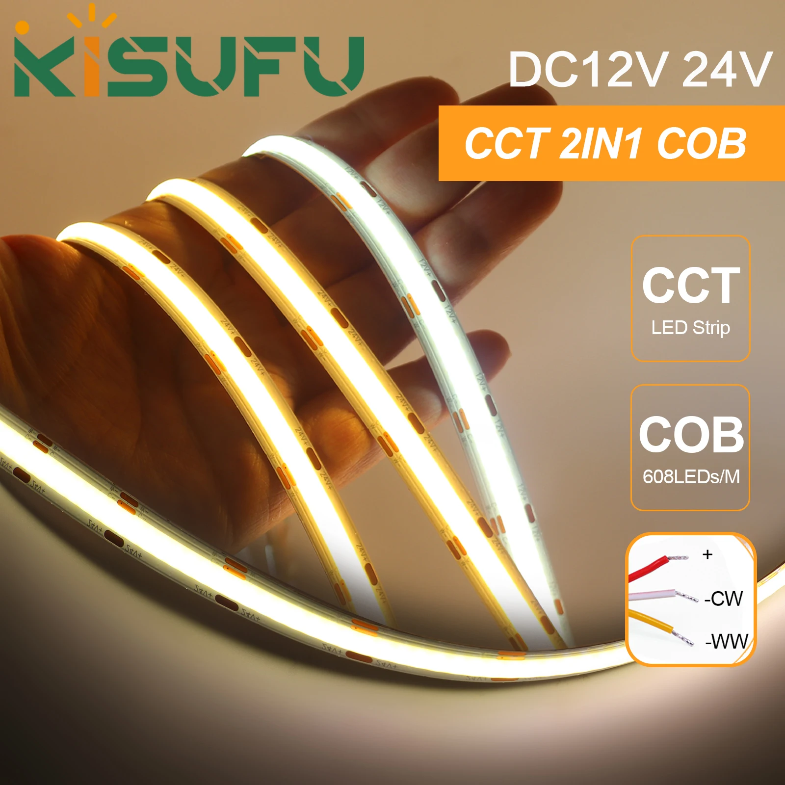 

CCT COB LED Strip DC 12V 24V 608LEDs/M High Density 3000K to 6500K Dimmable Flexible LED Tape Light IP21 IP67 Linear Lighting 5M